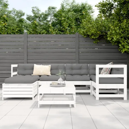 Salon de jardin 7 pcs blanc bois de pin massif