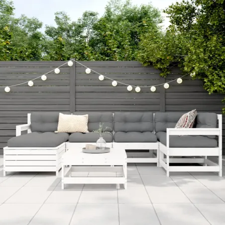 Salon de jardin 7 pcs blanc bois de pin massif