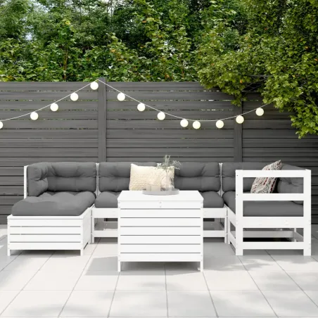 Salon de jardin 7 pcs blanc bois de pin massif