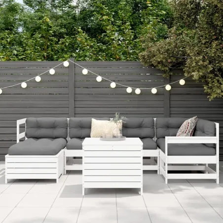 Salon de jardin 7 pcs blanc bois de pin massif