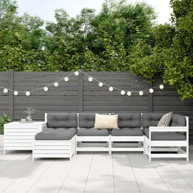 Salon de jardin 7 pcs blanc bois de pin massif