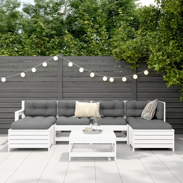 Salon de jardin 7 pcs blanc bois de pin massif