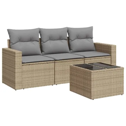 Salon de jardin avec coussins 4 pcs beige résine tressée 2