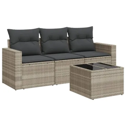 Salon de jardin 4 pcs avec coussins gris clair résine tressée 2