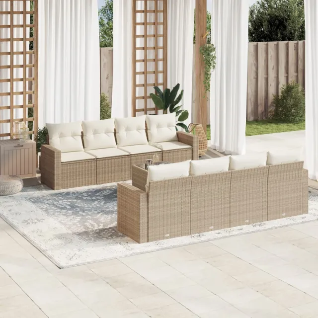 Salon de jardin avec coussins 9 pcs beige résine tressée