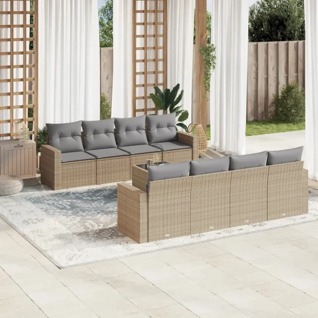 Salon de jardin avec coussins 9 pcs beige résine tressée