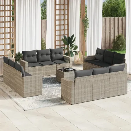 Salon de jardin avec coussins 13 pcs gris clair résine tressée