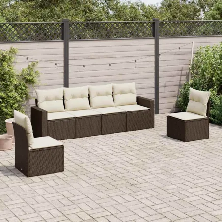Salon de jardin avec coussins 6 pcs marron résine tressée
