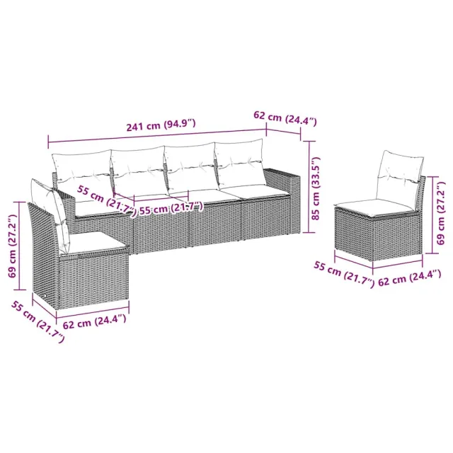 Salon de jardin avec coussins 6 pcs marron résine tressée