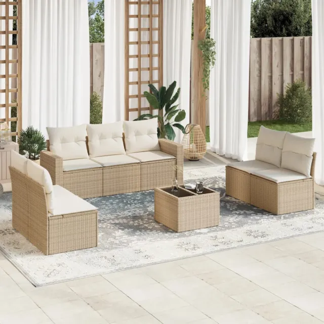 Salon de jardin avec coussins 8 pcs beige résine tressée