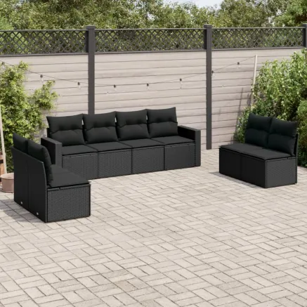 Salon de jardin 8 pcs avec coussins noir résine tressée