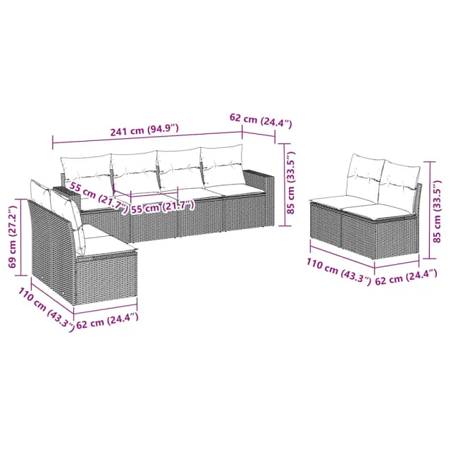 Salon de jardin 8 pcs avec coussins marron résine tressée