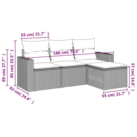 Salon de jardin 4 pcs avec coussins marron résine tressée