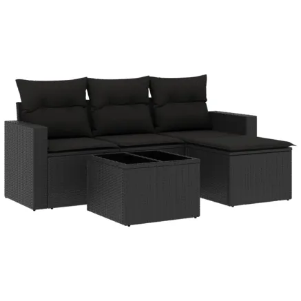 Salon de jardin 5 pcs avec coussins noir résine tressée 2