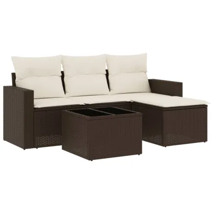 Salon de jardin avec coussins 5 pcs marron résine tressée 2