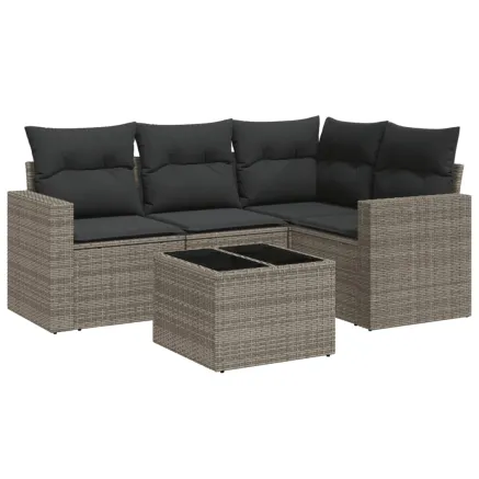 Salon de jardin 5 pcs avec coussins gris résine tressée 2