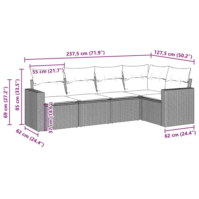 Salon de jardin avec coussins 5 pcs marron résine tressée