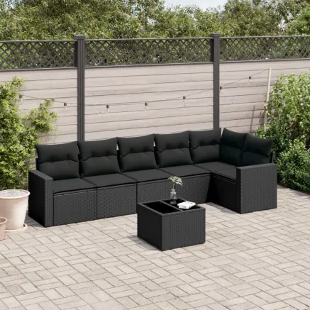 Salon de jardin 7 pcs avec coussins noir résine tressée