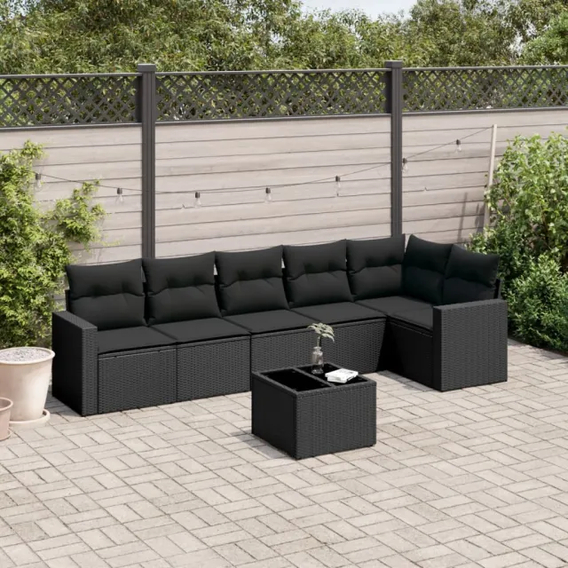 Salon de jardin 7 pcs avec coussins noir résine tressée