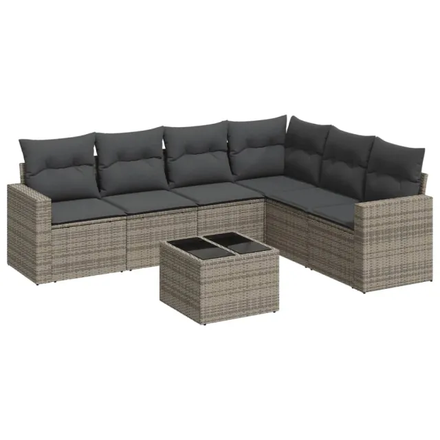 Salon de jardin avec coussins 7 pcs gris résine tressée