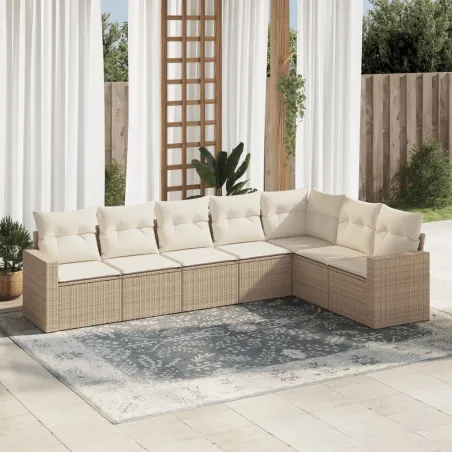 Salon de jardin avec coussins 7 pcs beige résine tressée