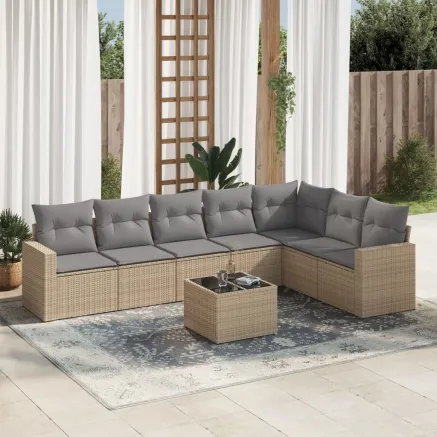 Salon de jardin avec coussins 8 pcs beige résine tressée