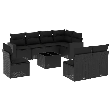 Salon de jardin 9 pcs avec coussins noir résine tressée 2