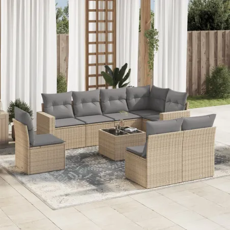 Salon de jardin avec coussins 9 pcs beige résine tressée