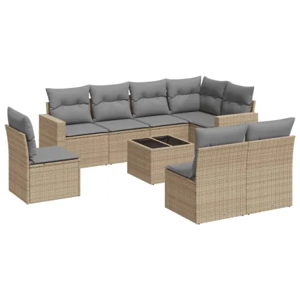 Salon de jardin avec coussins 9 pcs beige résine tressée 2