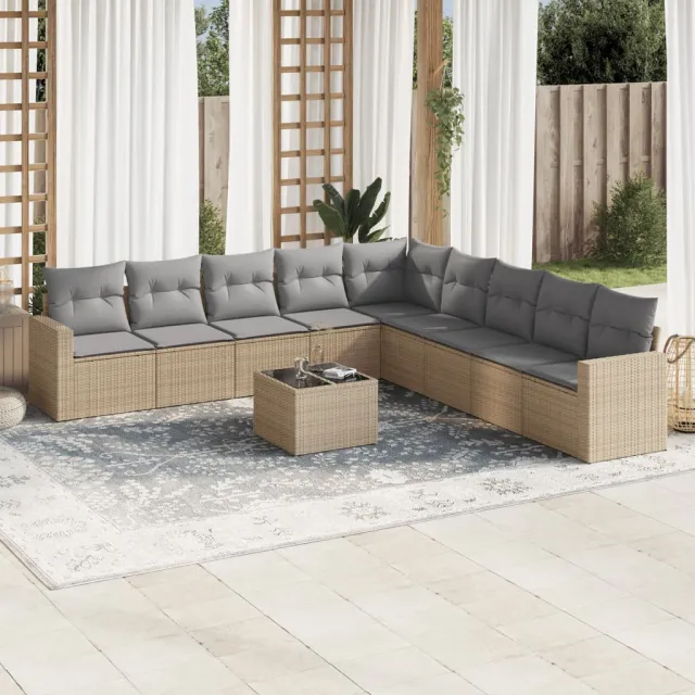Salon de jardin avec coussins 10 pcs beige résine tressée