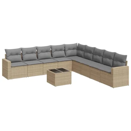 Salon de jardin avec coussins 10 pcs beige résine tressée 2