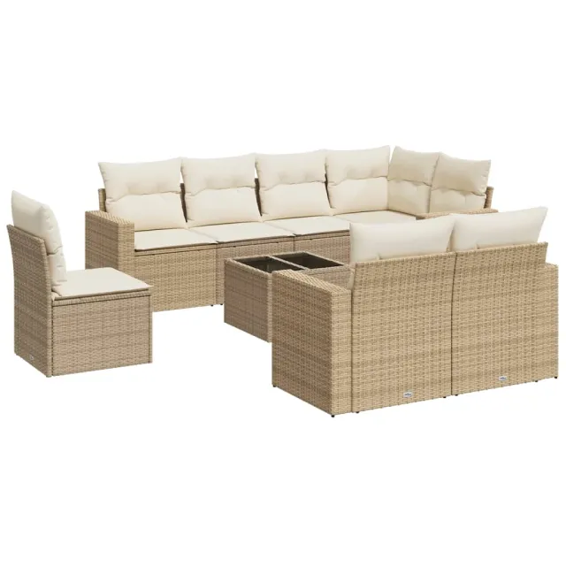Salon de jardin avec coussins 9 pcs beige résine tressée