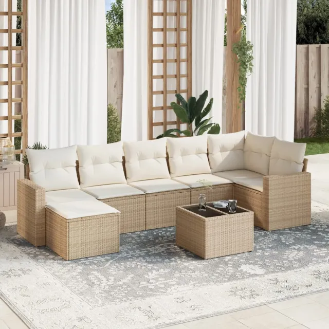 Salon de jardin avec coussins 8 pcs beige résine tressée