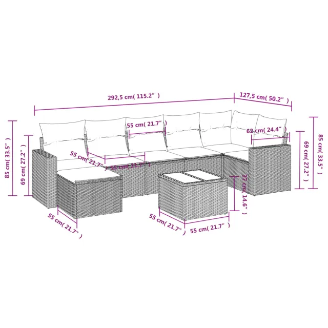 Salon de jardin avec coussins 8 pcs beige résine tressée