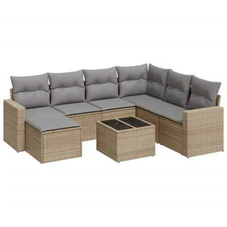 Salon de jardin avec coussins 8 pcs beige résine tressée