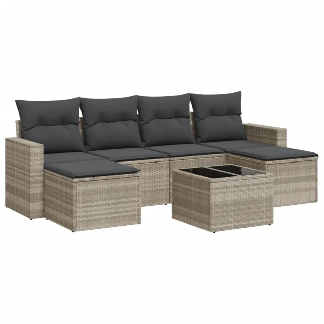 Salon de jardin avec coussins 7 pcs gris clair résine tressée