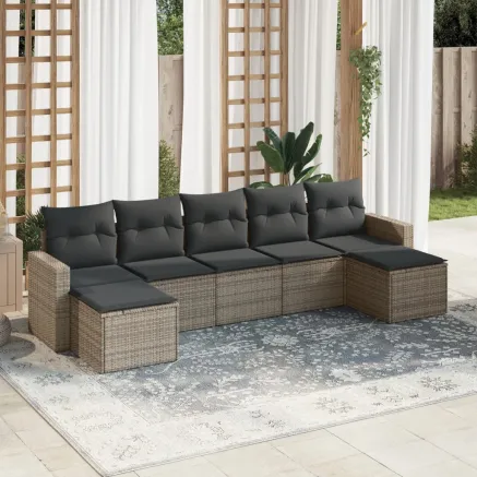 Salon de jardin avec coussins 7 pcs gris résine tressée