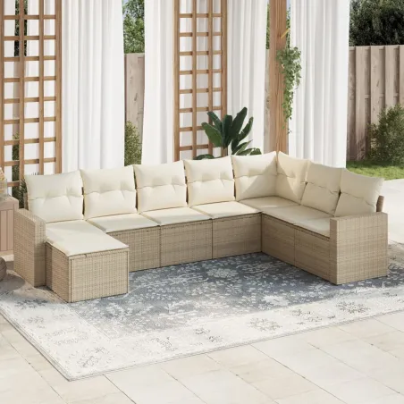 Salon de jardin avec coussins 8 pcs beige résine tressée
