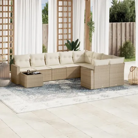 Salon de jardin avec coussins 10 pcs beige résine tressée