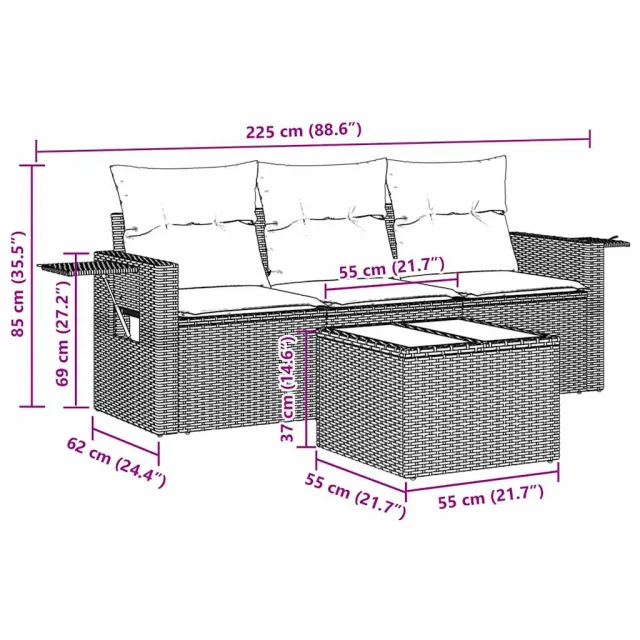 Salon de jardin 4 pcs avec coussins noir résine tressée