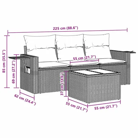 Salon de jardin 4 pcs avec coussins noir résine tressée