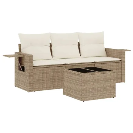 Salon de jardin avec coussins 4 pcs beige résine tressée 2