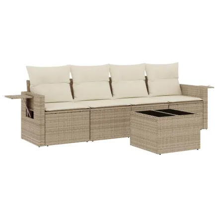 Salon de jardin avec coussins 5 pcs beige résine tressée 2