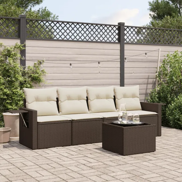 Salon de jardin avec coussins 5 pcs marron résine tressée