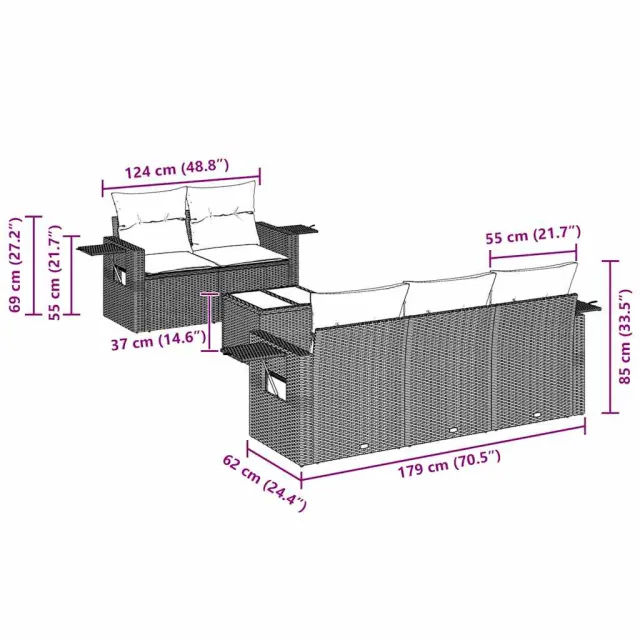 Salon de jardin 6 pcs avec coussins noir résine tressée