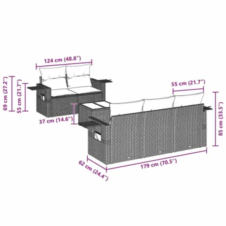 Salon de jardin 6 pcs avec coussins noir résine tressée