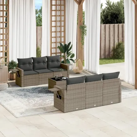 Salon de jardin avec coussins 7 pcs gris résine tressée