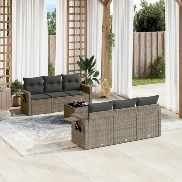 Salon de jardin avec coussins 7 pcs gris résine tressée