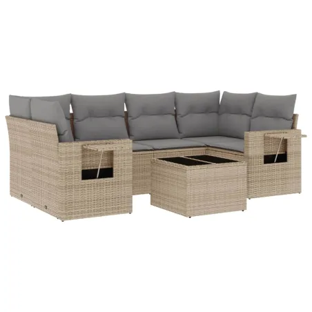 Salon de jardin avec coussins 7 pcs beige résine tressée