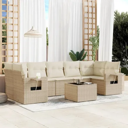 Salon de jardin avec coussins 8 pcs beige résine tressée